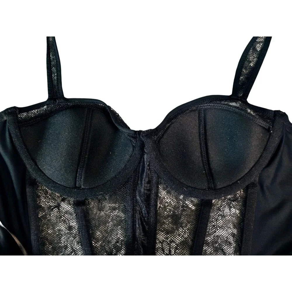 Hunter & Brown M Corset Bustier Black Illusion Lace Boning Intimate Sexy NEW - Picture 6 of 8